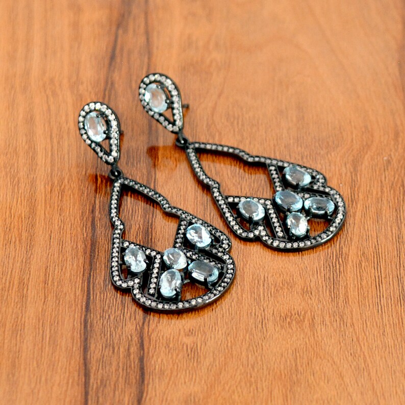 Pretty Blue Gemstone Dangle/'s For Women 925 Sterling Silver CZ Earrings 6x4mm Oval Blue Topaz Gemstone Earring Exquisite Hanging Earrings