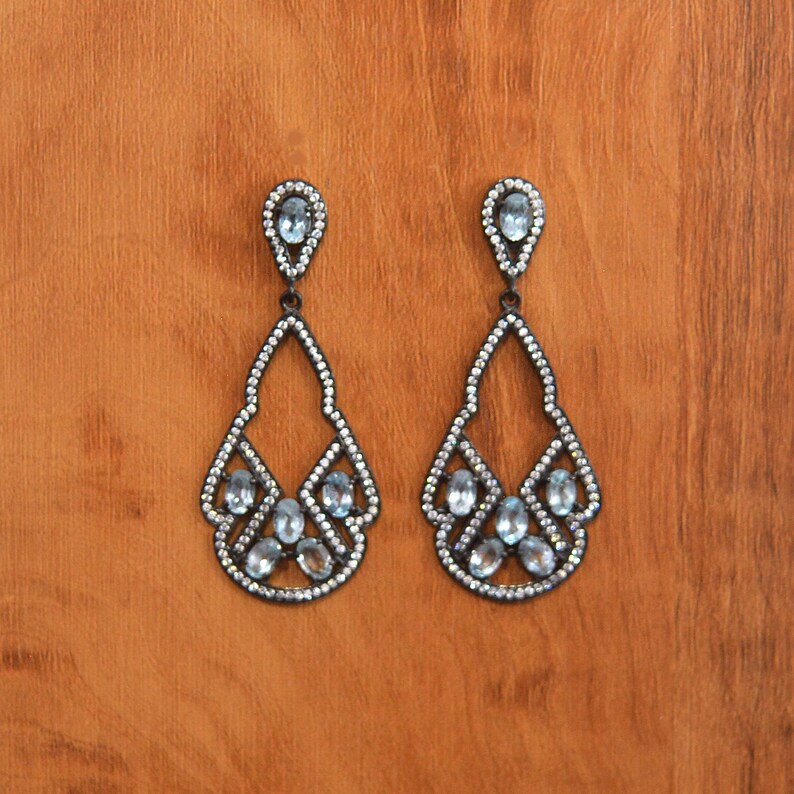 Pretty Blue Gemstone Dangle/'s For Women 925 Sterling Silver CZ Earrings 6x4mm Oval Blue Topaz Gemstone Earring Exquisite Hanging Earrings