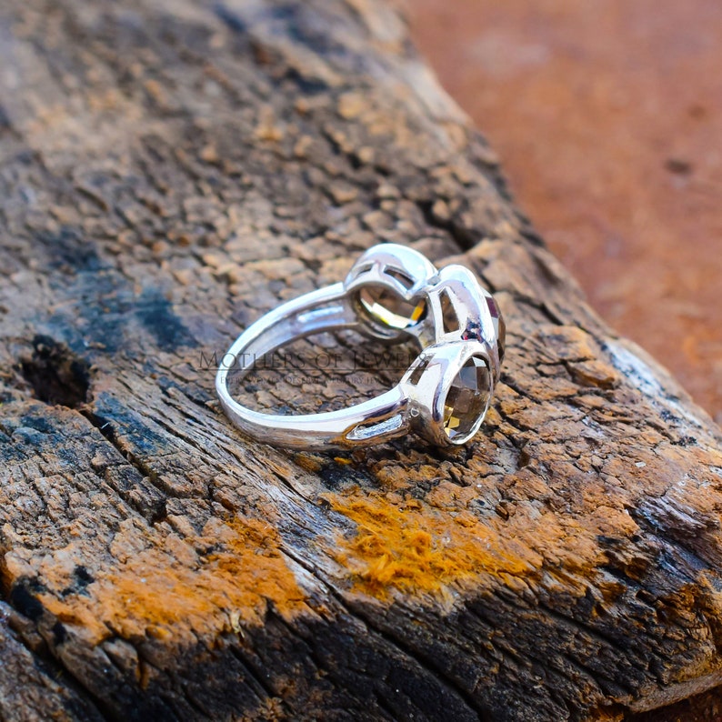 Silver Ring Three Stone Ring Handmade Solitaire Ring Christmas Gift For Women Round Natural AAA+ Grade Smoky Quartz Gemstone Silver Ring