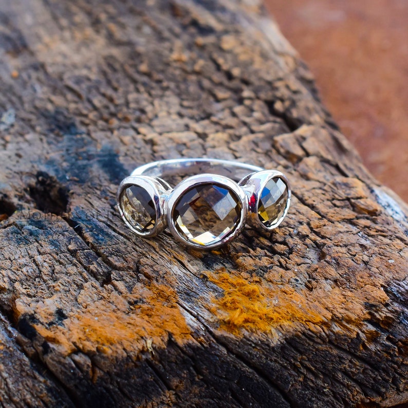 Silver Ring Three Stone Ring Handmade Solitaire Ring Christmas Gift For Women Round Natural AAA+ Grade Smoky Quartz Gemstone Silver Ring