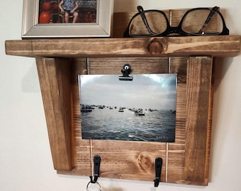 Wood Entryway Organizer Shelf, Key Hook, Photo Clip, Special Walnut Stain