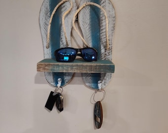 Reclaimed Wood Flip Flop Shelf with Key Hooks – Coastal Beach Entryway Organizer