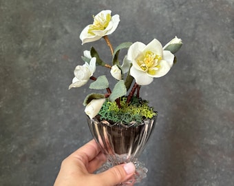 White faux flowers with glass bowl,Flower arrangements,Table centerpiece,Home decor gift,Coffee table decor,Shelf decor,Artificial flowers