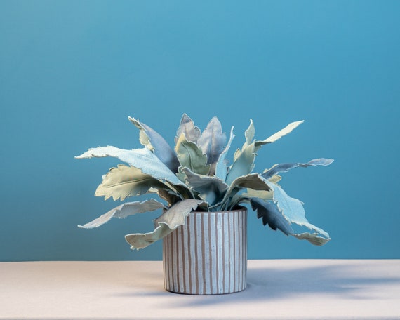 Blue Philodendron Fabric Plant in Striped Pot - Luxury Textile Sculpture -  Statement Decor - Etsy