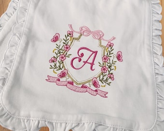 Personalized Ruffle Baby Bib & Burp Cloth Set – Embroidered Initial Monogram, Baby Shower Gift, Newborn Essentials