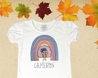 THANKSGIVING SHIRT Girl, Personalized Rainbow Turkey shirt,Custom Autumn shirt,Unisex T-Shirt for kids,Autumn Shirts kids.Embroidered Shirt