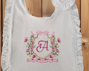Personalized Ruffle Baby Bib & Burp Cloth Set – Embroidered Initial Monogram, Baby Shower Gift, Newborn Essentials
