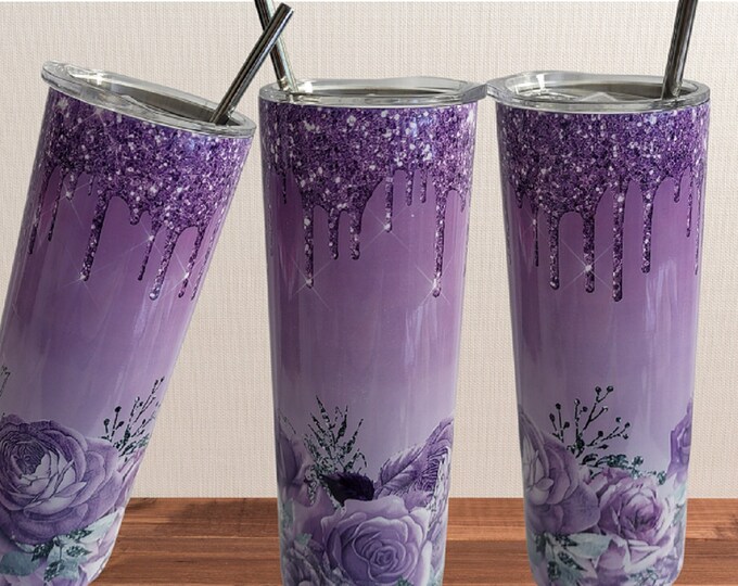 Floral Sparkle 20 Oz Skinny Tumbler: Sublimated Stainless Steel Travel Cup