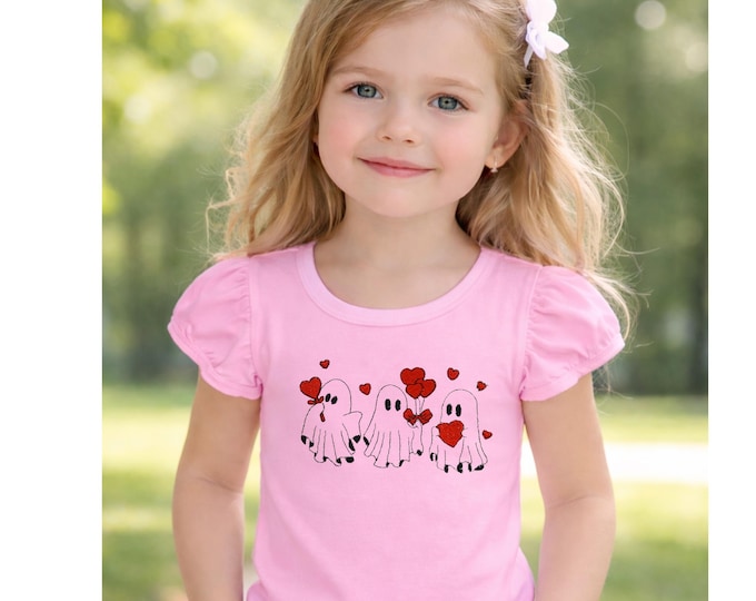 Girl's Ghost Valentine embroidered  Shirt – Cute Valentine’s Day Shirt for Kids, Love Ghost Graphic Tee, Toddler & Youth Valentine Outfit