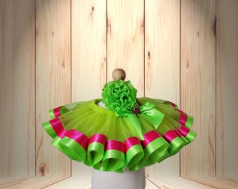 Green and Hot Pink Ribbon trimmed Tutu with a bow,Birthday Costume, Dance Costume. Little girl Birthday