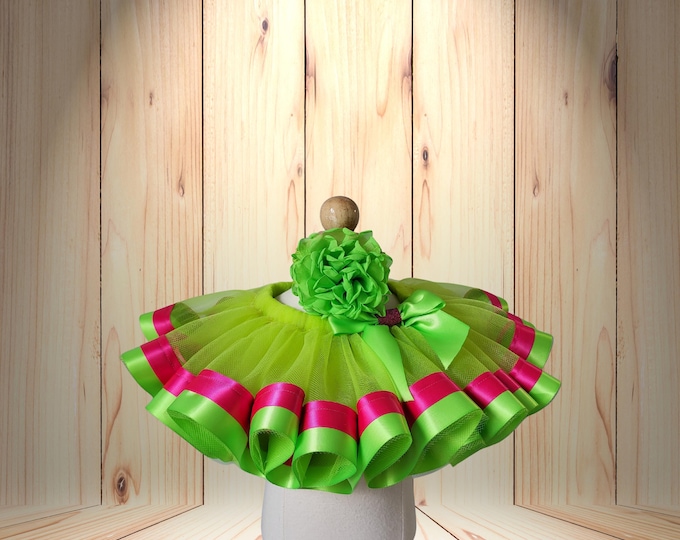 Green and Hot Pink Ribbon trimmed Tutu with a bow,Birthday Costume, Dance Costume. Little girl Birthday