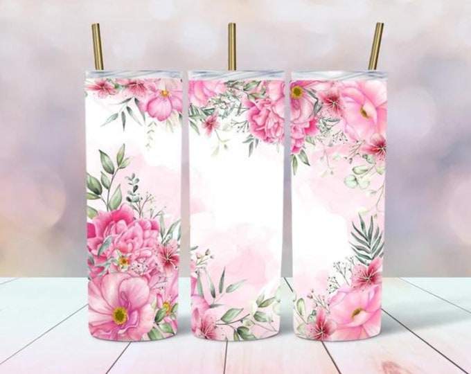 Pink Floral Skinny Tumbler: Personalized 20oz Stainless Steel Travel Cup