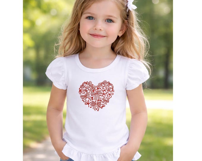 Girls Valentine Shirt, Red Bow Heart Embroidered Top, Toddler Ruffle Tee, Pink or White Girls Shirt, Valentine Outfit
