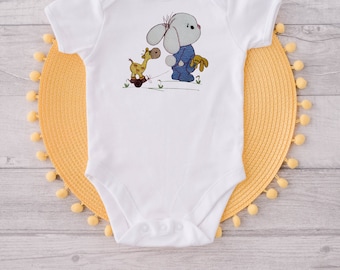 Adorable Bunny and Giraffe embroidered bodysuit, Welcome Home Baby,Newborn Baby Gift