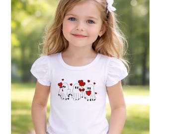 Girl's Ghost Valentine embroidered  Shirt – Cute Valentine’s Day Shirt for Kids, Love Ghost Graphic Tee, Toddler & Youth Valentine Outfit