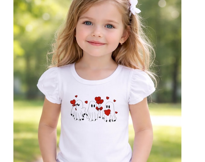 Girl's Ghost Valentine embroidered  Shirt – Cute Valentine’s Day Shirt for Kids, Love Ghost Graphic Tee, Toddler & Youth Valentine Outfit