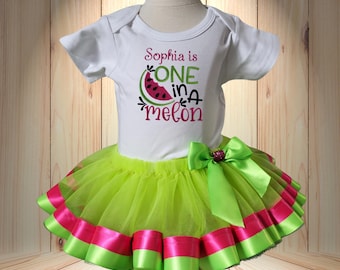 One in a Melon first Birthday Tutu set. Personalized Birthday Shirt, Embroidered with Name first Tutu set