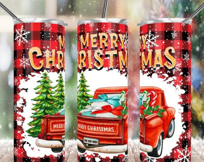 MERRY CHRISTMAS RED Truck Tumbler. Personalized Christmas Tumbler, Christmas Truck Tumbler with Straw. 20 oz insulated Tumbler