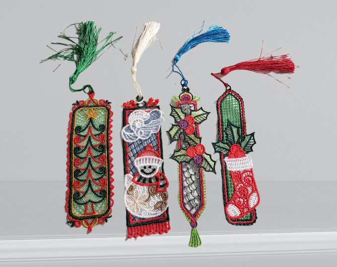 CRISTMAS BOOK MARKS, Free standing Lace machine embroidery
