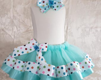 An elegant Aqua blue Ribbon Trimmed Tutu, Birthday Tutu, Polka Dot Tutu, Birthday Tutu