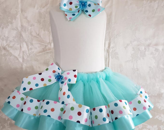An elegant Aqua blue Ribbon Trimmed Tutu, Birthday Tutu, Polka Dot Tutu, Birthday Tutu