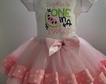 One in a Melon first Birthday Tutu set. Personalized Birthday Shirt, Embroidered with Name first Tutu set