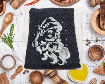 Santa Among Stars Embroidered Kitchen Towel, Christmas Tea Towel, Festive Gift Towel, Waffle WeaveTowel