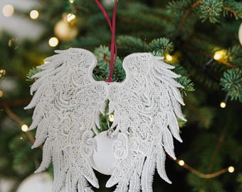 Angel Wings Christmas Ornament – Lace Textured, White with Red Hanger | Memorial Keepsake Gift