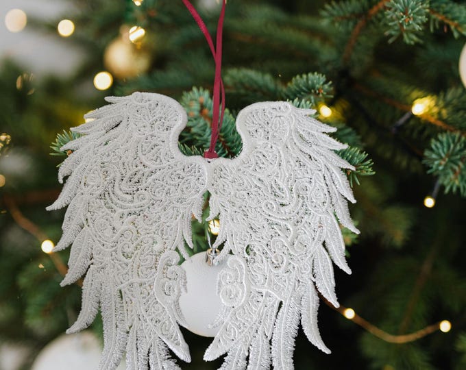 Angel Wings Christmas Ornament – Lace Textured, White with Red Hanger | Memorial Keepsake Gift