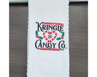 Christmas Kringle Candy Co. Embroidered Kitchen Towel, Holiday Gift Towel, Festive Dish Towel, Christmas Decor, Embroidered Towel