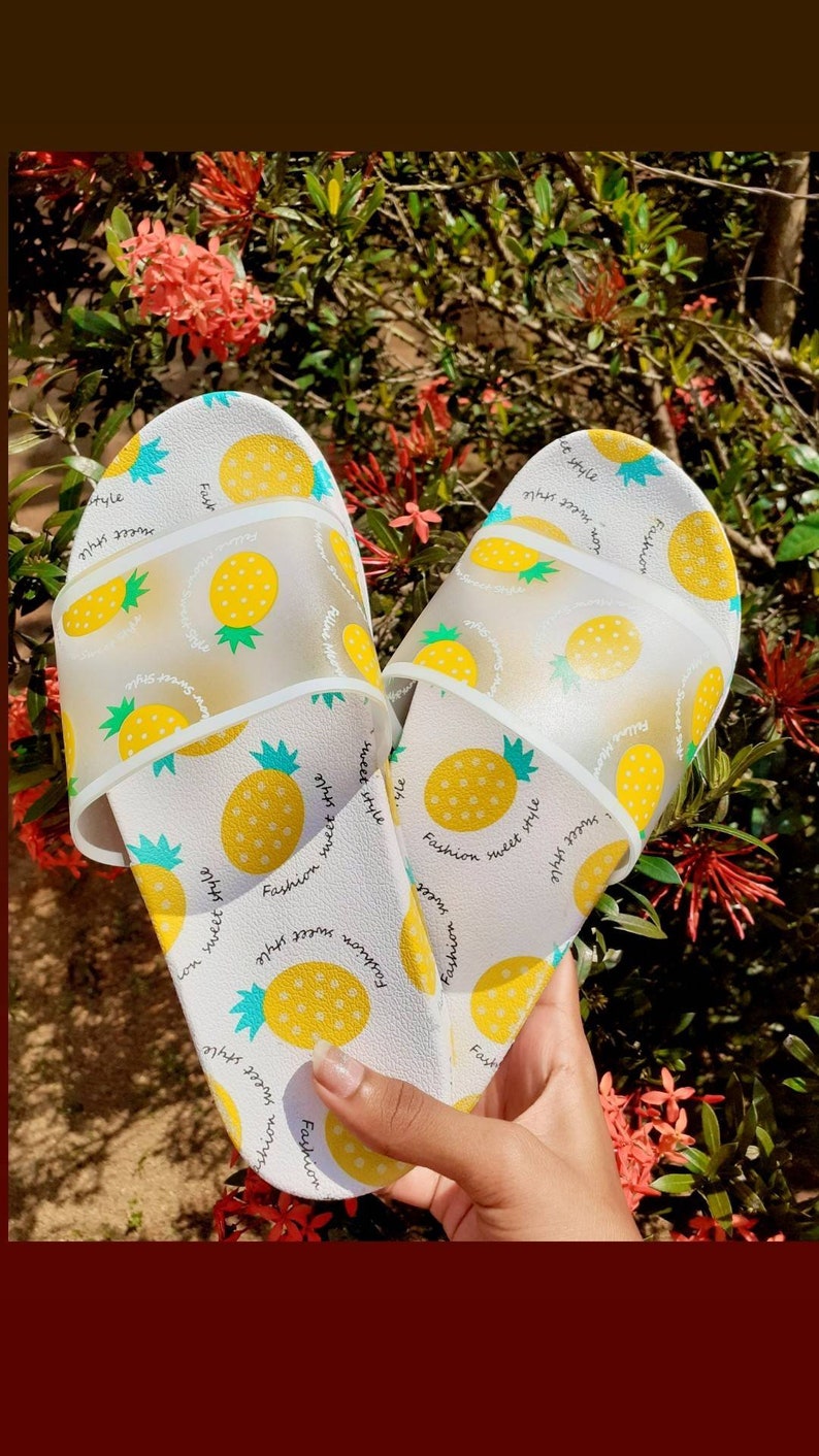 Women cute yellow white sandal slipper shoes pineapple green casual korean girl gift fashion size pretty footware buy and get free anklet