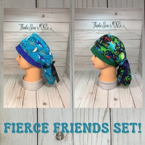 Set of 2 - Shark and Dinosaur Scrub Caps with Ponytail Holder