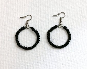 Black Seed Bead Hoop Earrings Small