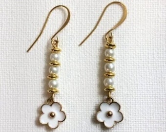 White Flower Earrings With Faux Pearls