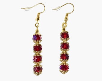 Red Bead Drop Earrings, Gold Tone