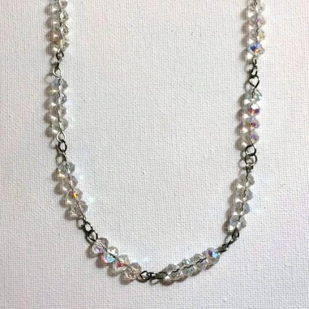 Vintage 90s Handmade Glass/Crystal Bead Necklace, Hand Knotted Lariat Minimalist Necklace