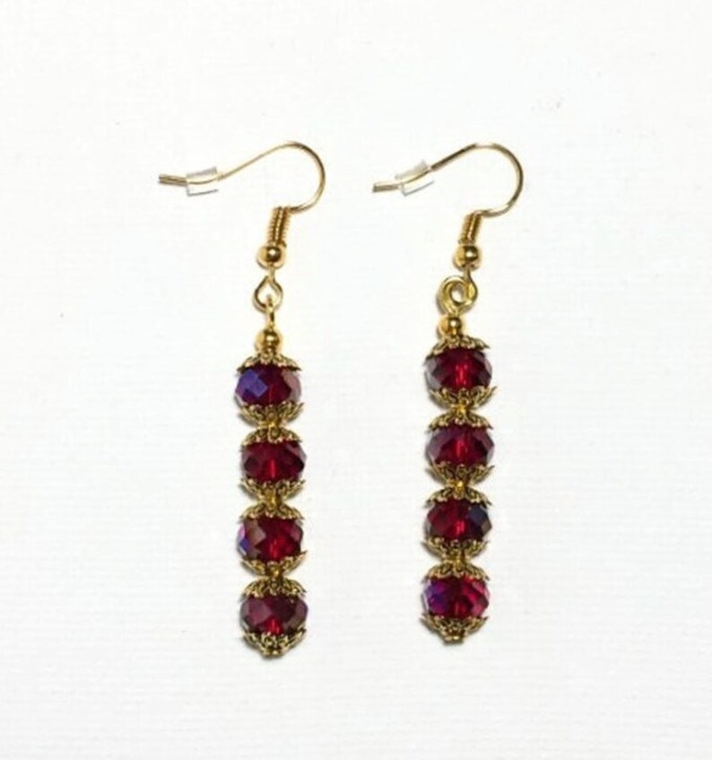 Red Bead Drop Earrings Glass Electroplate Gold Tone Nickel Etsy