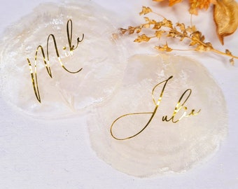 Name plate, place card mother-of-pearl disc, calligraphy, individually personalized, wedding table decoration, shell, shell discs