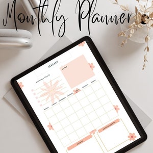 Könnte beinhalten: Ein digitaler, druckbarer Monatskalender mit floralem Design. Der Kalender enthält Bereiche für monatliche Ziele, Notizen, Ereignisse und Termine. Der Kalender liegt im PDF-Format vor.