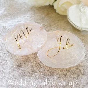 Placa de nombre, tarjeta de lugar, disco de nácar, caligrafía, personalizada individualmente, decoración de mesa de boda, concha, discos de concha