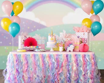 Rainbow Tulle Tutu Table Skirt Double Layer Satin Willows with Glossy Organza,Birthday Party Decorations for Unicorn and Mermaid Parties