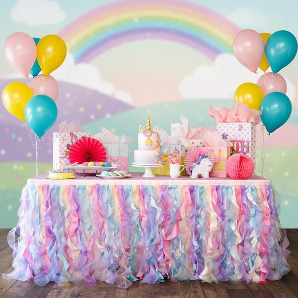 Rainbow Tulle Tutu Table Skirt Double Layer Satin Willows with Glossy Organza,Birthday Party Decorations for Unicorn and Mermaid Parties