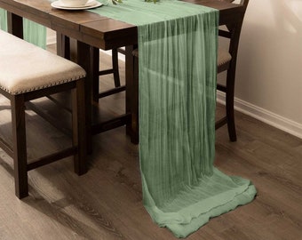 Sage Green 10ft Vintage Boho Cheesecloth Table Runner, Timeless Charm for Weddings, Baby Showers, Birthdays, Outdoor Events, Soft