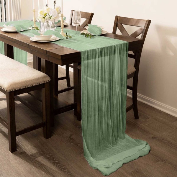 Sage Green 10ft Vintage Boho Cheesecloth Table Runner, Timeless Charm for Weddings, Baby Showers, Birthdays, Outdoor Events, Soft