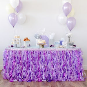 Sequined Purple Table Skirt, Double Organza Two Trims Party Tutu Table Skirt! Unicorn Birthday Decorations for Girls Baby Shower Decorations