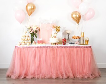 Pink Tulle Table Skirt, Tutu Table Skirt. Party Table Decoration for Rectangle Tables. Girl Baby Shower Decorations, Wedding Decorations