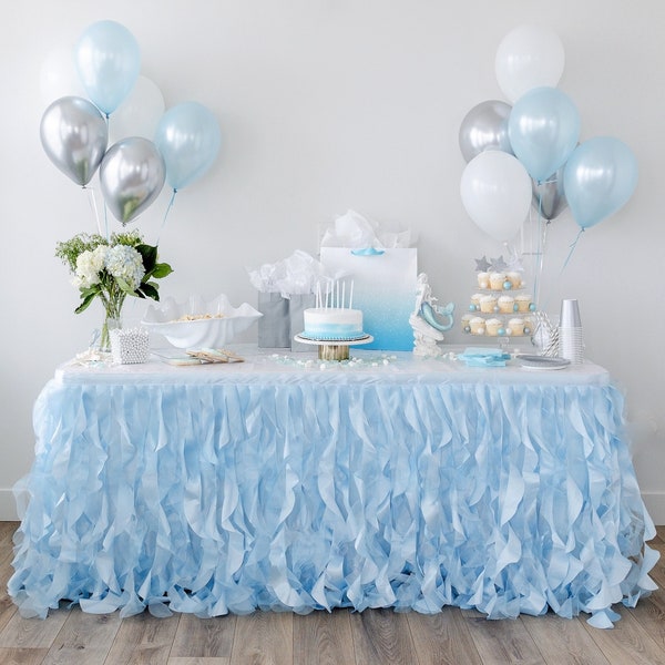 Ice Blue Tutu Table Skirt with Double Layer Organza Willows Under the Sea Decorations 1st Baby Boy Birthday Décor Elephant Baby Shower Decor