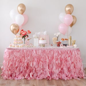 Coral Pink Table Skirt. Double Organza, Two Trims Party Tutu Table Skirt! Quinceanera, Princess Party Decorations, Baby Girl Birthday Décor.
