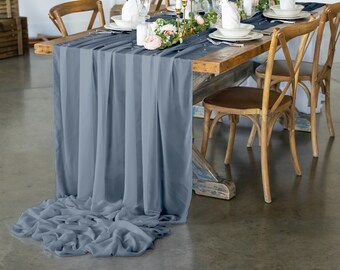10 YD Dusty Blue Chiffon Fabric Continuous Sheer Fabric. Voile Fabric Table Runner, Gauze Wedding Table Runner, Wedding Arch Draping Fabric.