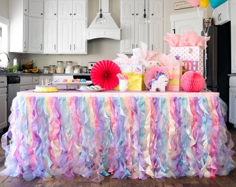 Rainbow Tulle Tutu Table Skirt Double Layer Satin Willows with Glossy Organza,Birthday Party Decorations for Unicorn and Mermaid Parties